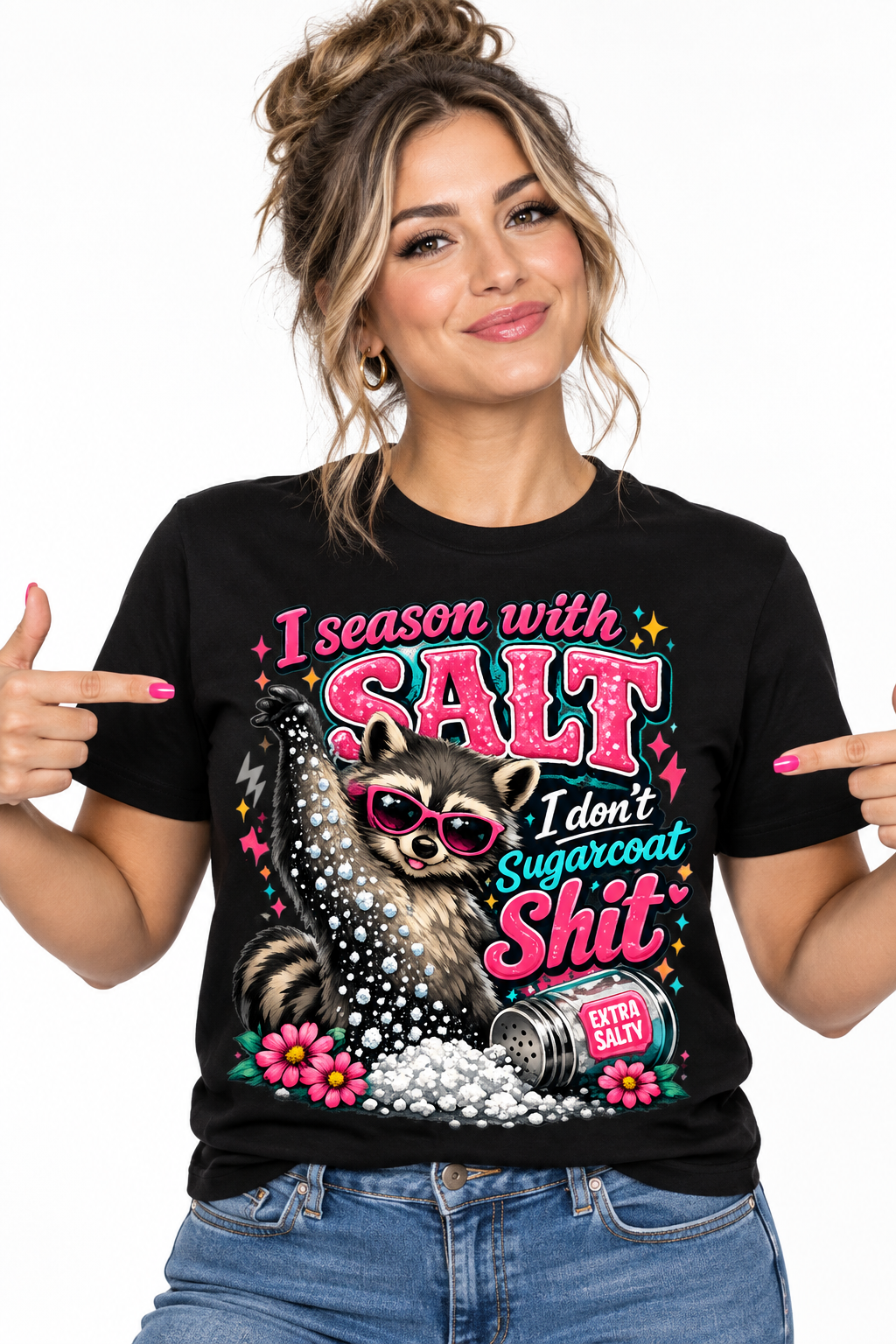 I Season With Salt - Black T-Shirt on female model
