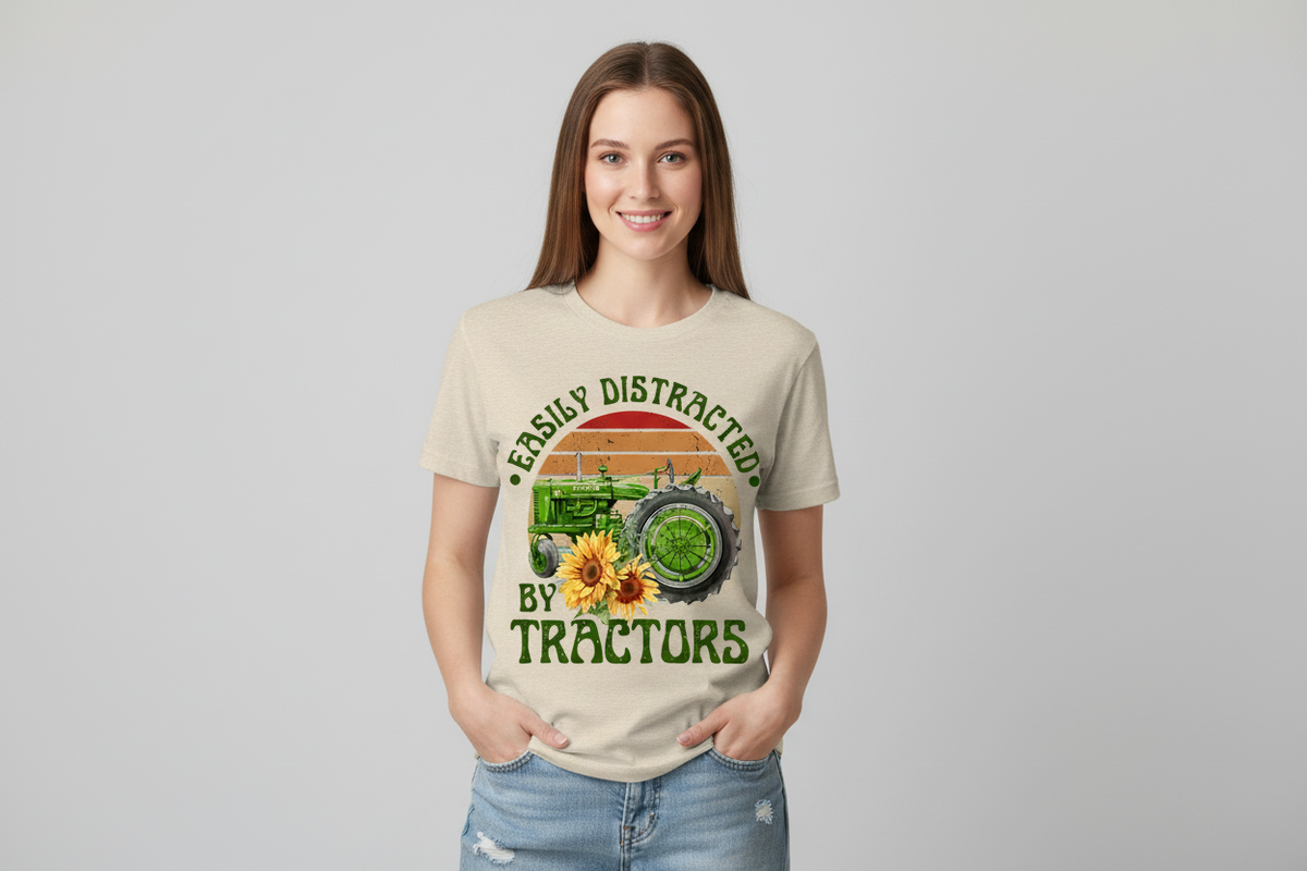 Easily Distracted by Tractors Tee in Heathered Oatmeal