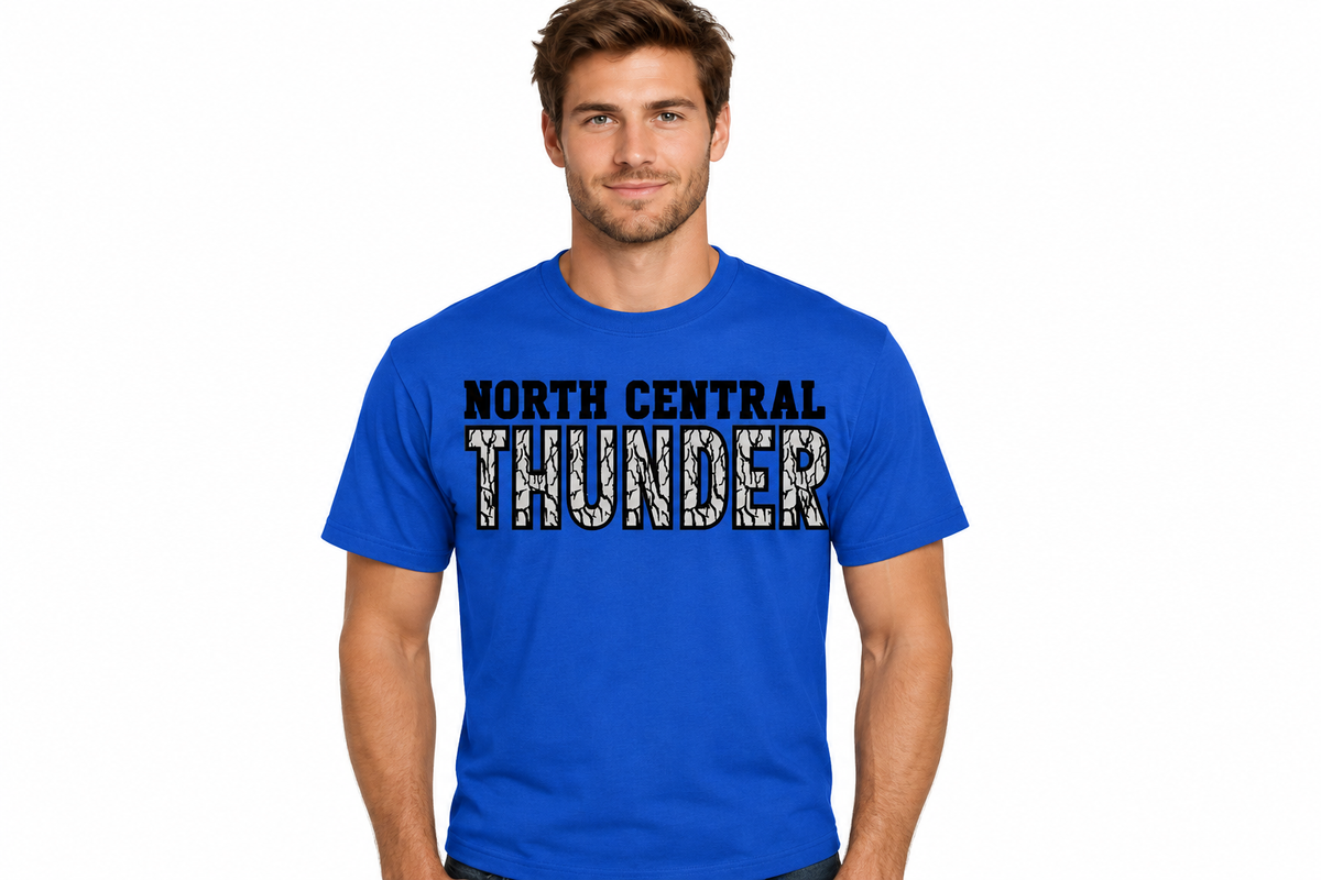 North Central Thunder woodgrain design on royal blue t-shirt