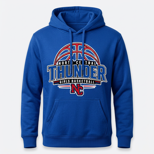 North Central Thunder Design 3 on a royal blue hoodie