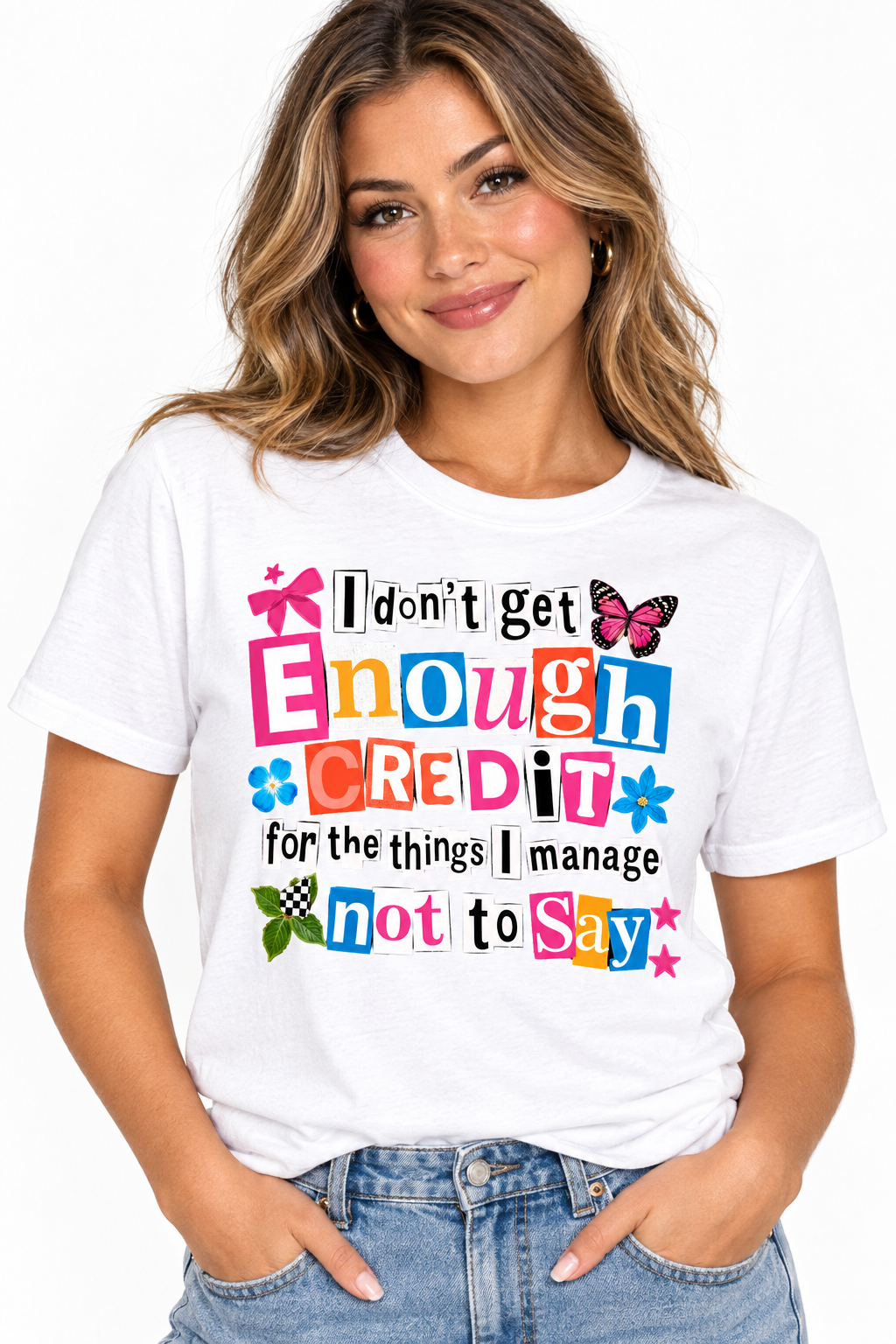 I Don't Get Enough Credit - White T-Shirt on female model