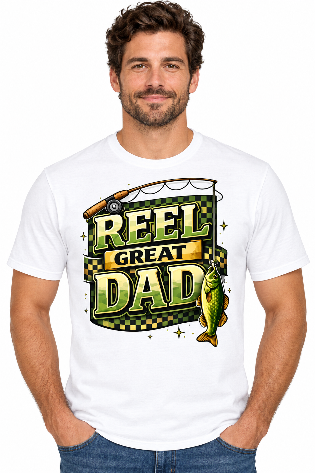 Reel Great Dad checkered design on white t-shirt