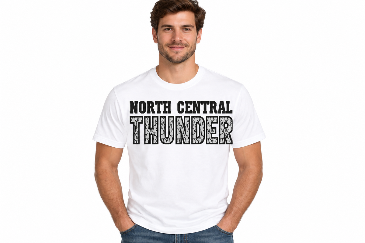 North Central Thunder woodgrain design on white t-shirt