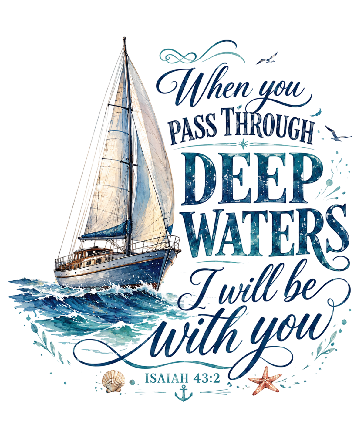 When You Pass Through Deep Waters I Will Be With You Isaiah 43:2 graphic design