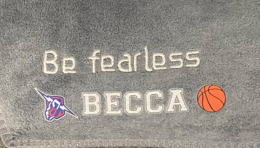 NC Thunder personalized sports towel - embroidered detail showing Be fearless, BECCA, team logo and basketball