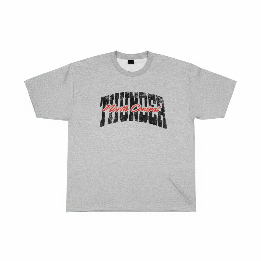 North Central Thunder heather gray short-sleeve t-shirt with bold distressed Thunder graphic and red script