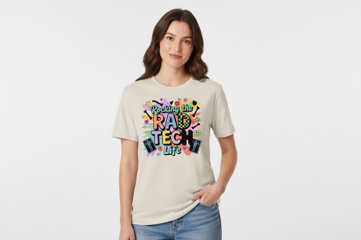 Rocking the Rad Tech Life Tee in Heathered Oatmeal