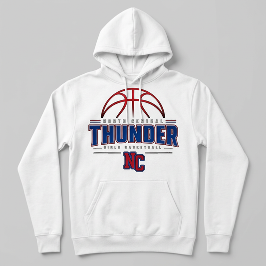 North Central Thunder Design 2 on a white pullover hoodie