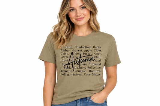 Autumn word art design on prairie dust t-shirt