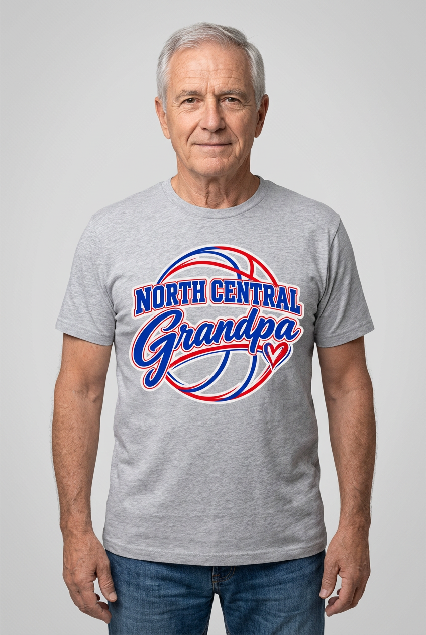 Older male model wearing sports gray North Central Grandpa T-shirt