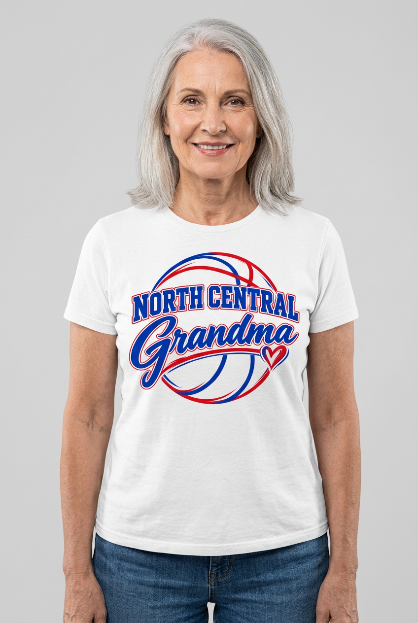 Older female model wearing white North Central Grandma T-shirt