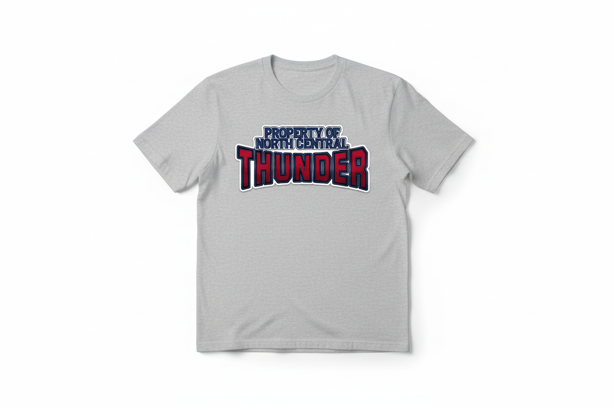 Property of North Central Thunder graphic on sports gray t-shirt