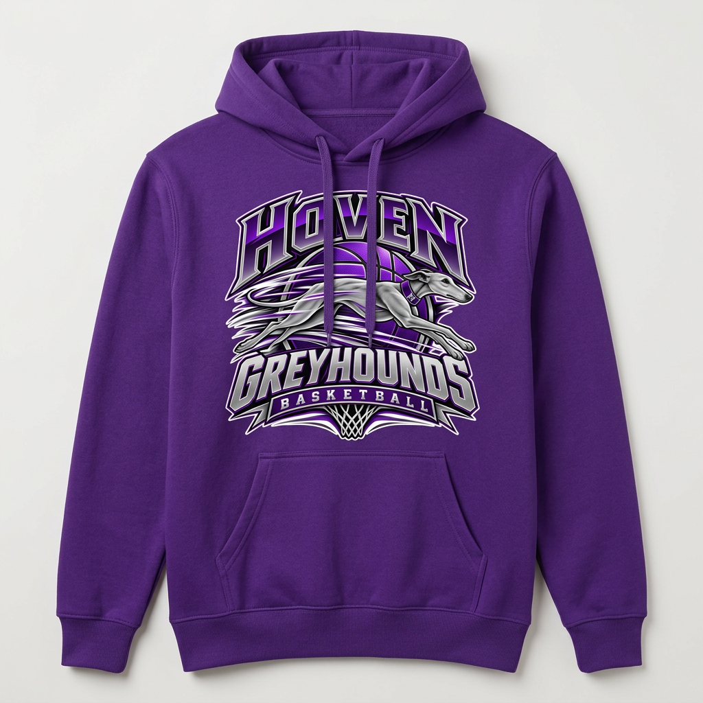 Solid purple Hoven Greyhounds Design 8 pullover hoodie flat-lay mockup