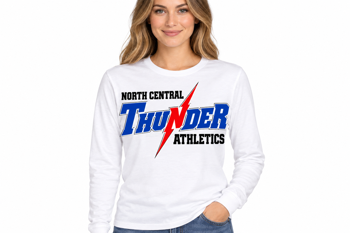North Central Thunder Athletics full logo long sleeve in white - adult female model