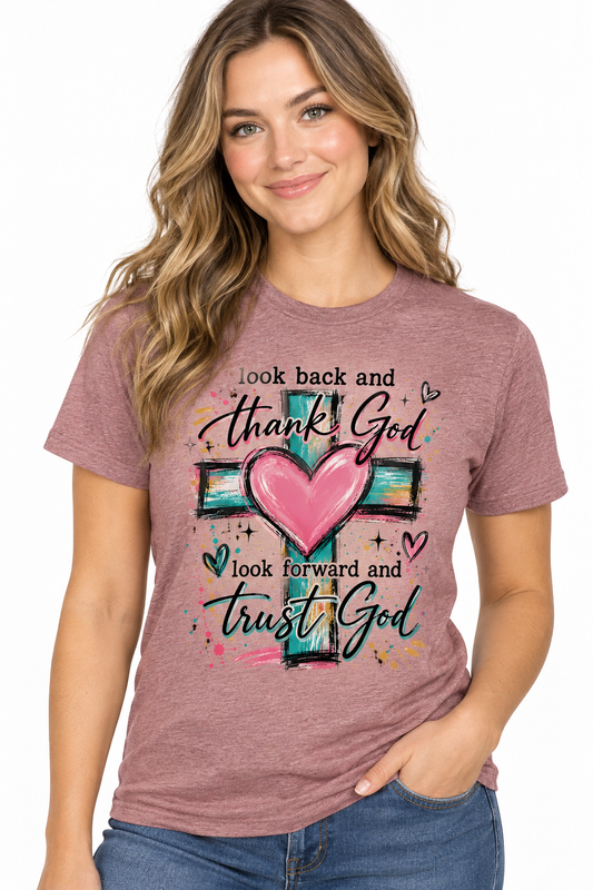 Look Back Thank God Trust God - Heathered Mauve T-Shirt on female model