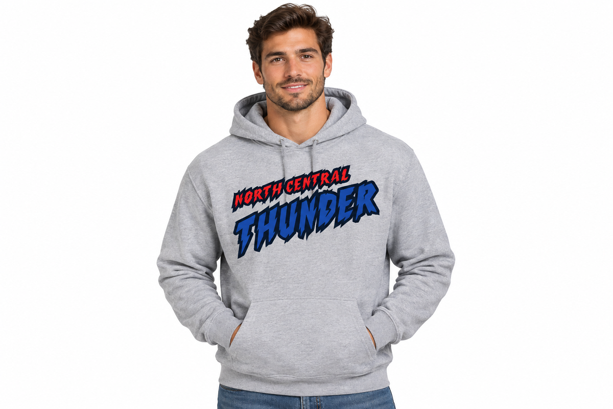 North Central Thunder comic design on sports gray hoodie - adult male model