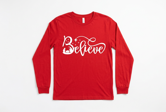 Believe Nativity Long Sleeve - Red with White Print Flat Lay