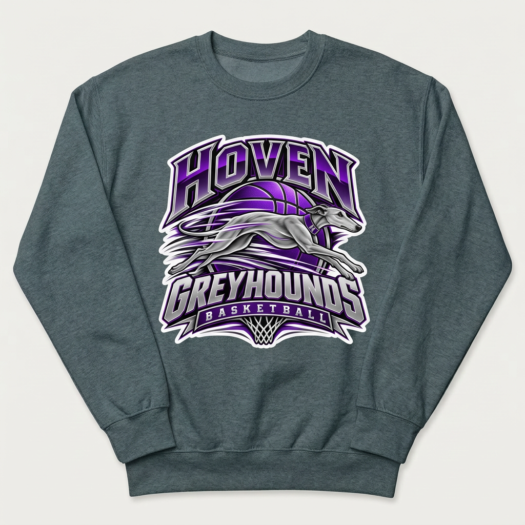 Dark heathered gray Hoven Greyhounds Design 8 crewneck sweatshirt flat-lay mockup