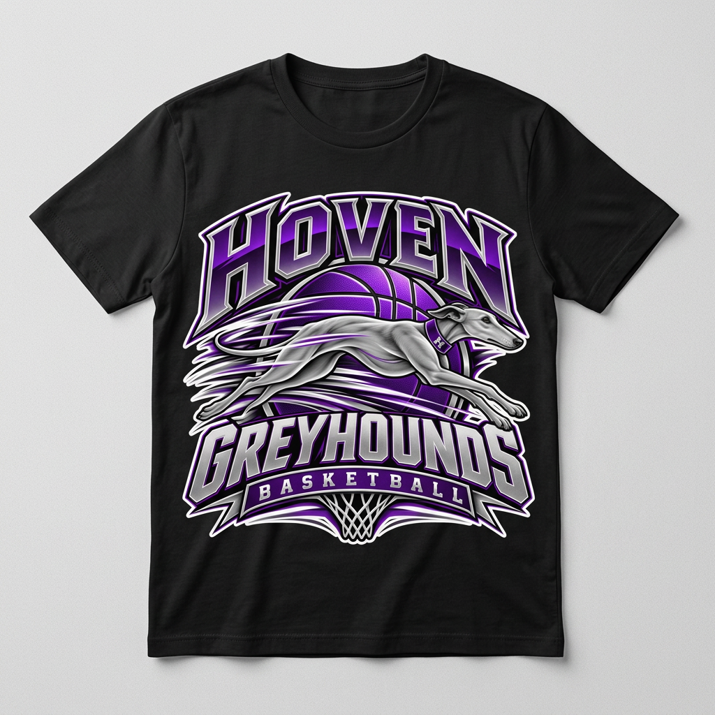 Flat-lay black Hoven Greyhounds Basketball Design 8 T-shirt with white offset