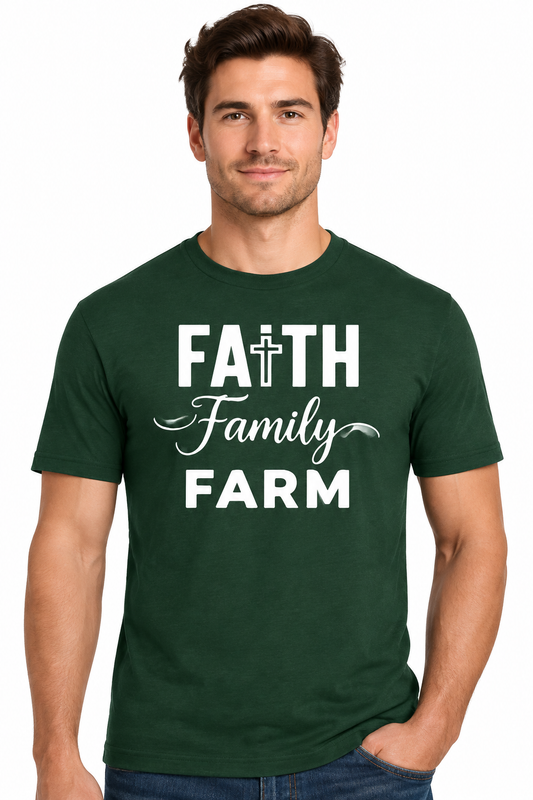 Faith Family Farm - Dark Green T-Shirt on male model