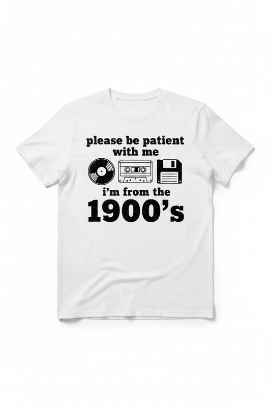 White t-shirt flat lay with retro 1900s graphic