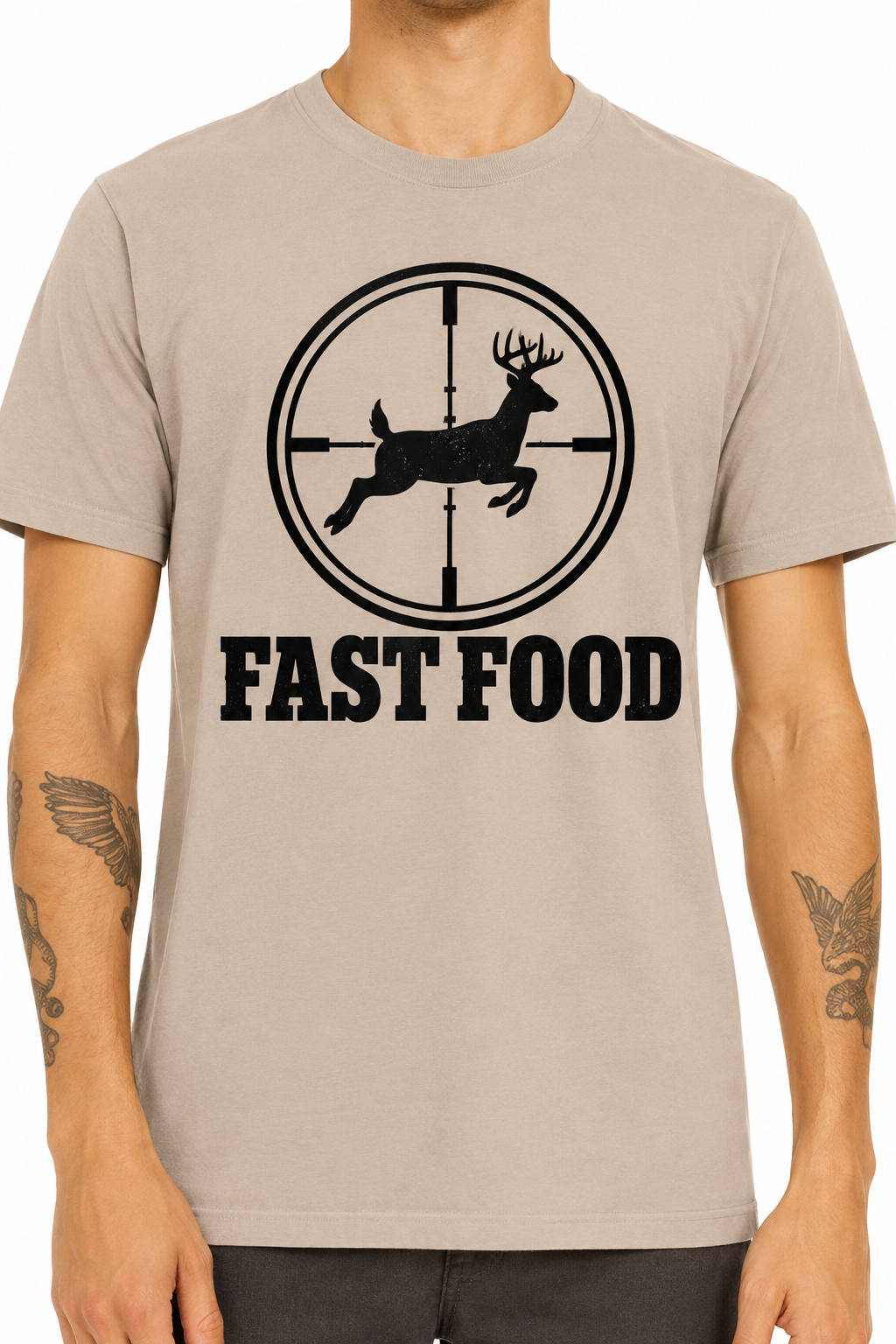 Fast Food deer hunting design on tan t-shirt
