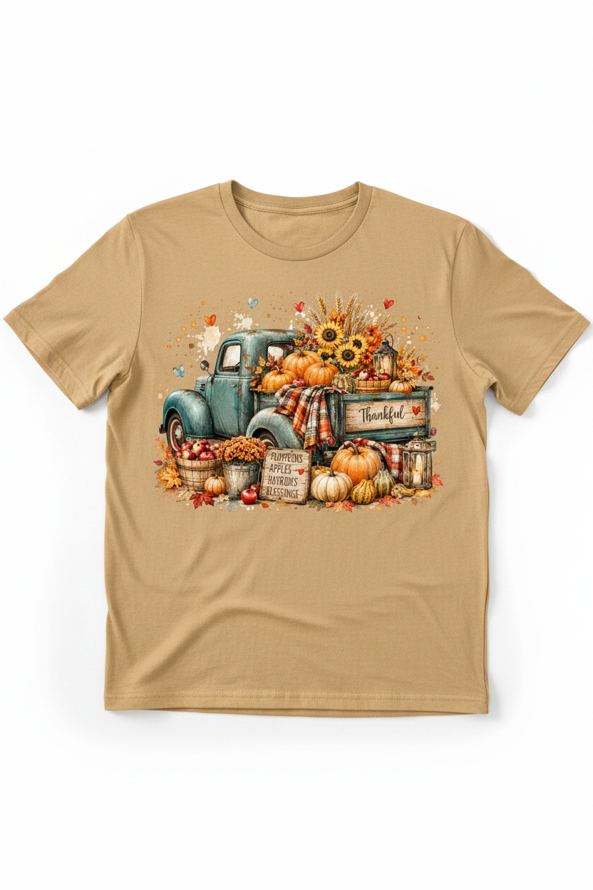 Sand colored t-shirt flat lay with watercolor vintage teal truck fall harvest graphic