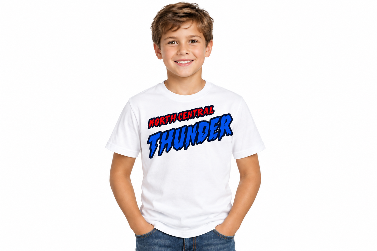North Central Thunder comic design on white t-shirt - youth model