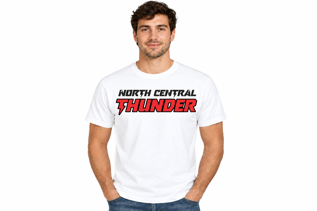 North Central Thunder lightning design on white t-shirt