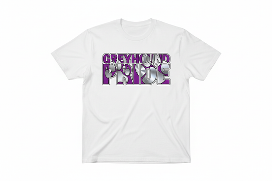 Greyhound Pride graphic on white t-shirt