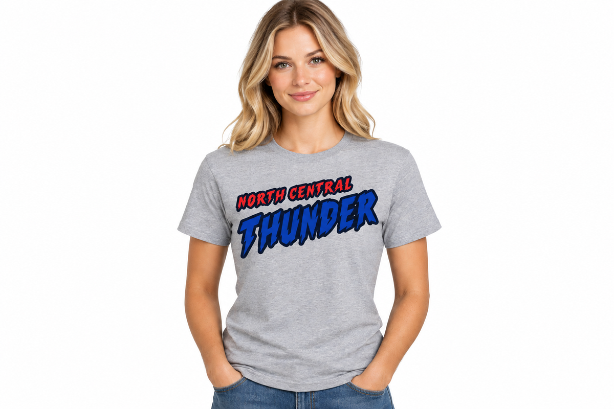 North Central Thunder comic design on sports gray t-shirt - adult female model