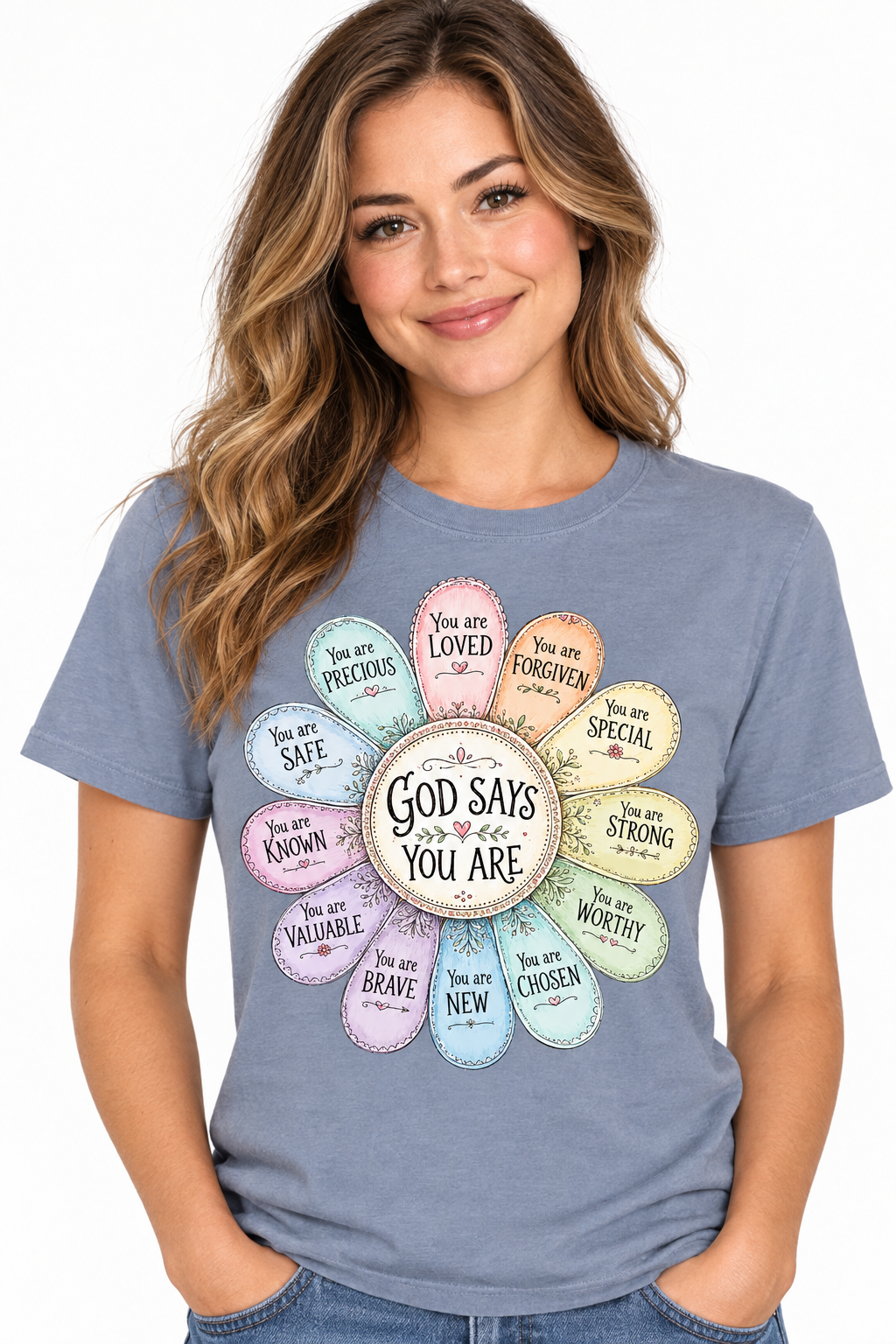 God Says You Are - Vintage Denim T-Shirt on female model