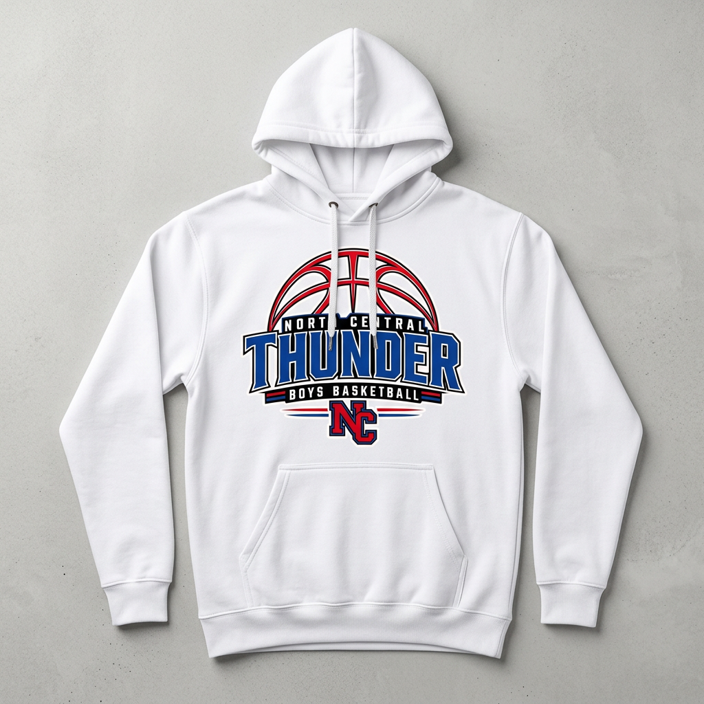 White hoodie with North Central Thunder boys basketball Design 3