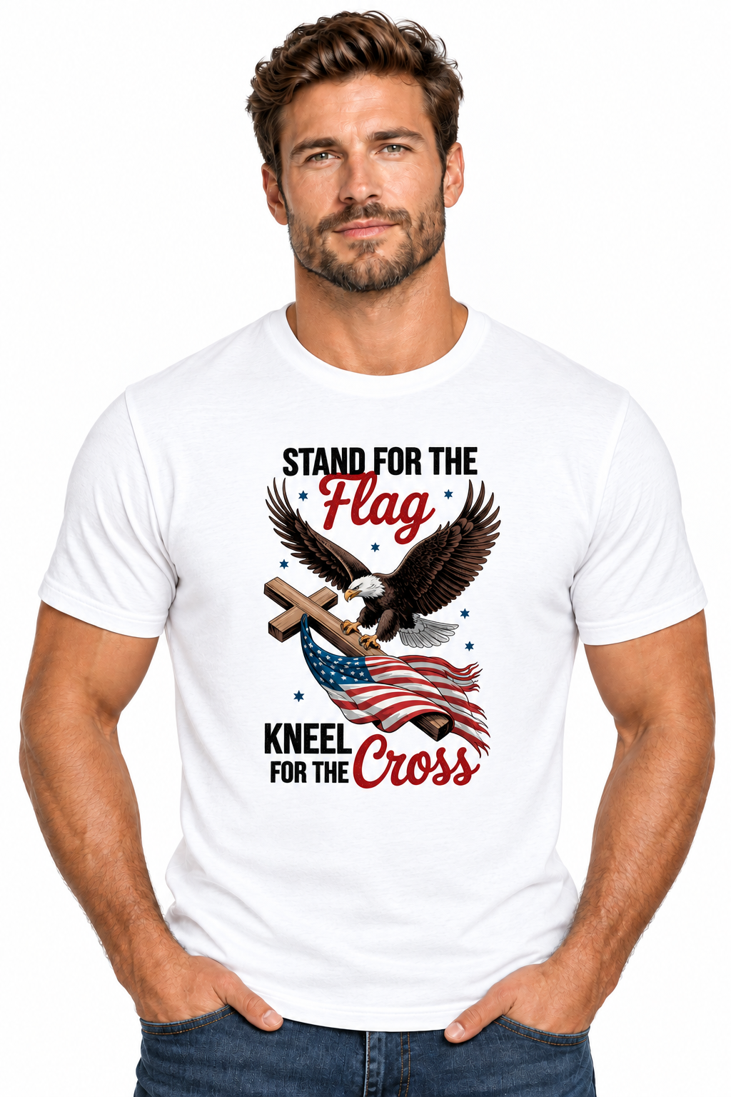 Stand for the Flag Kneel for the Cross - White T-Shirt on male model