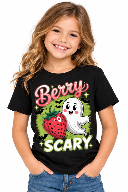 Berry Scary ghost Halloween design on black kids t-shirt with girl model
