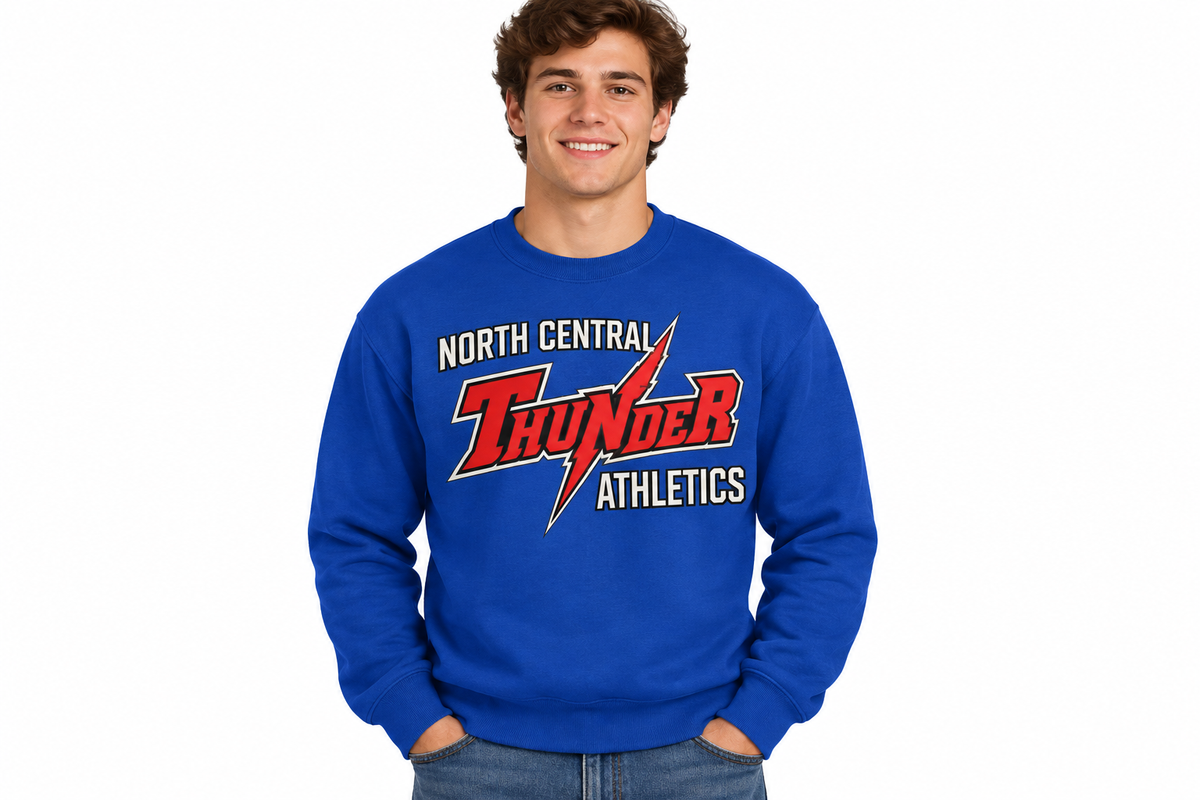 North Central Thunder Athletics on royal blue crewneck sweatshirt