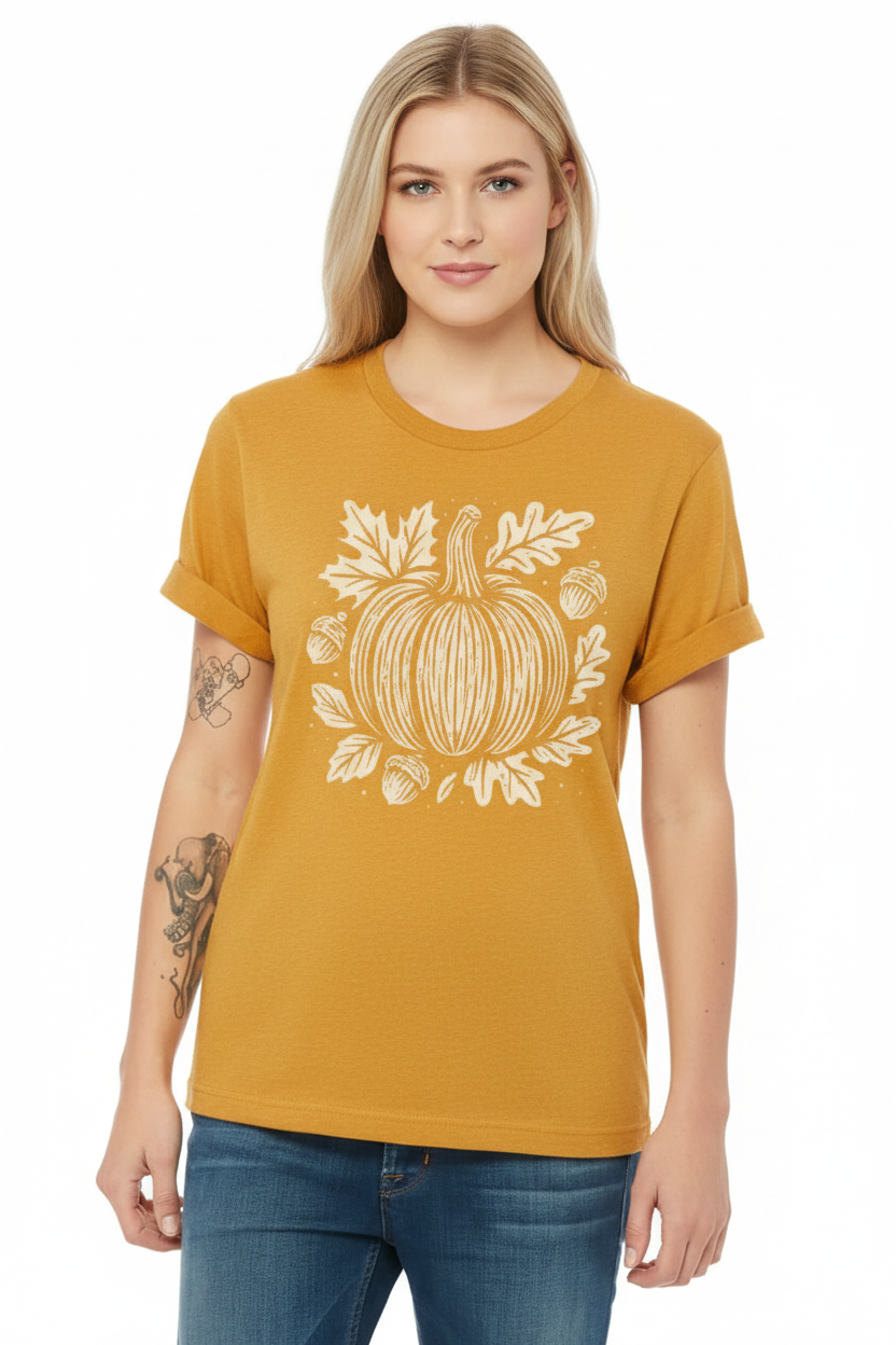 Women's heathered mustard t-shirt with cream pumpkin harvest graphic