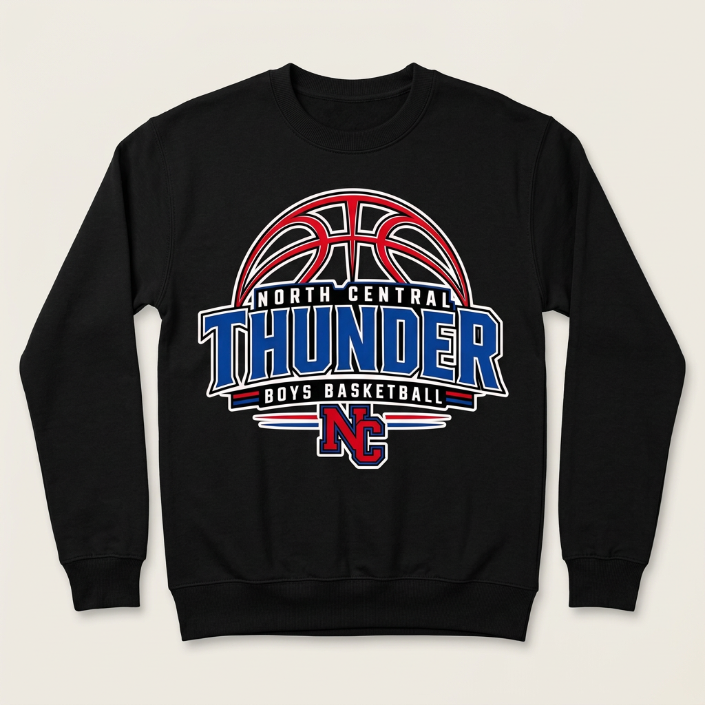 Black crewneck with North Central Thunder boys basketball Design 3