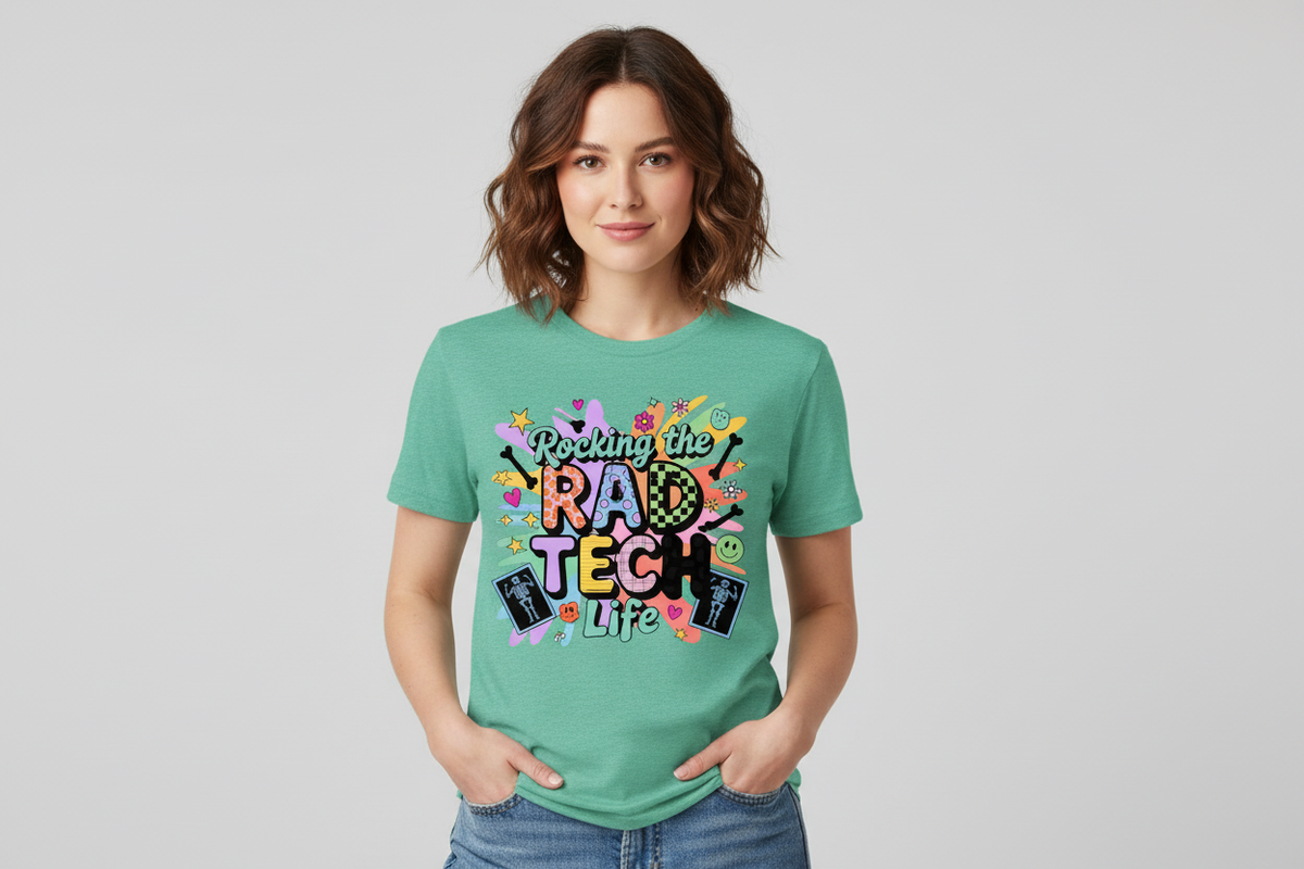 Rocking the Rad Tech Life Tee in Heathered Sea Green