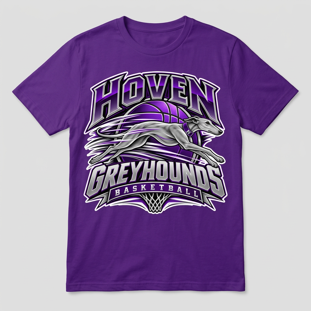 Flat-lay solid purple Hoven Greyhounds Basketball Design 8 T-shirt with white offset