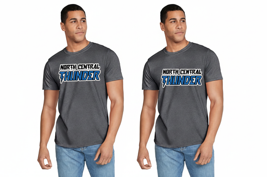 North Central Thunder graphic on dark charcoal gray t-shirt