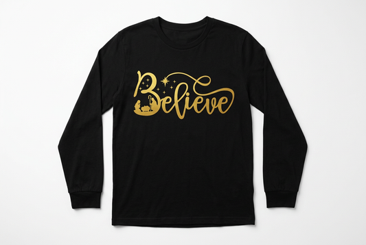 Believe Nativity Long Sleeve - Black with Gold Print Flat Lay