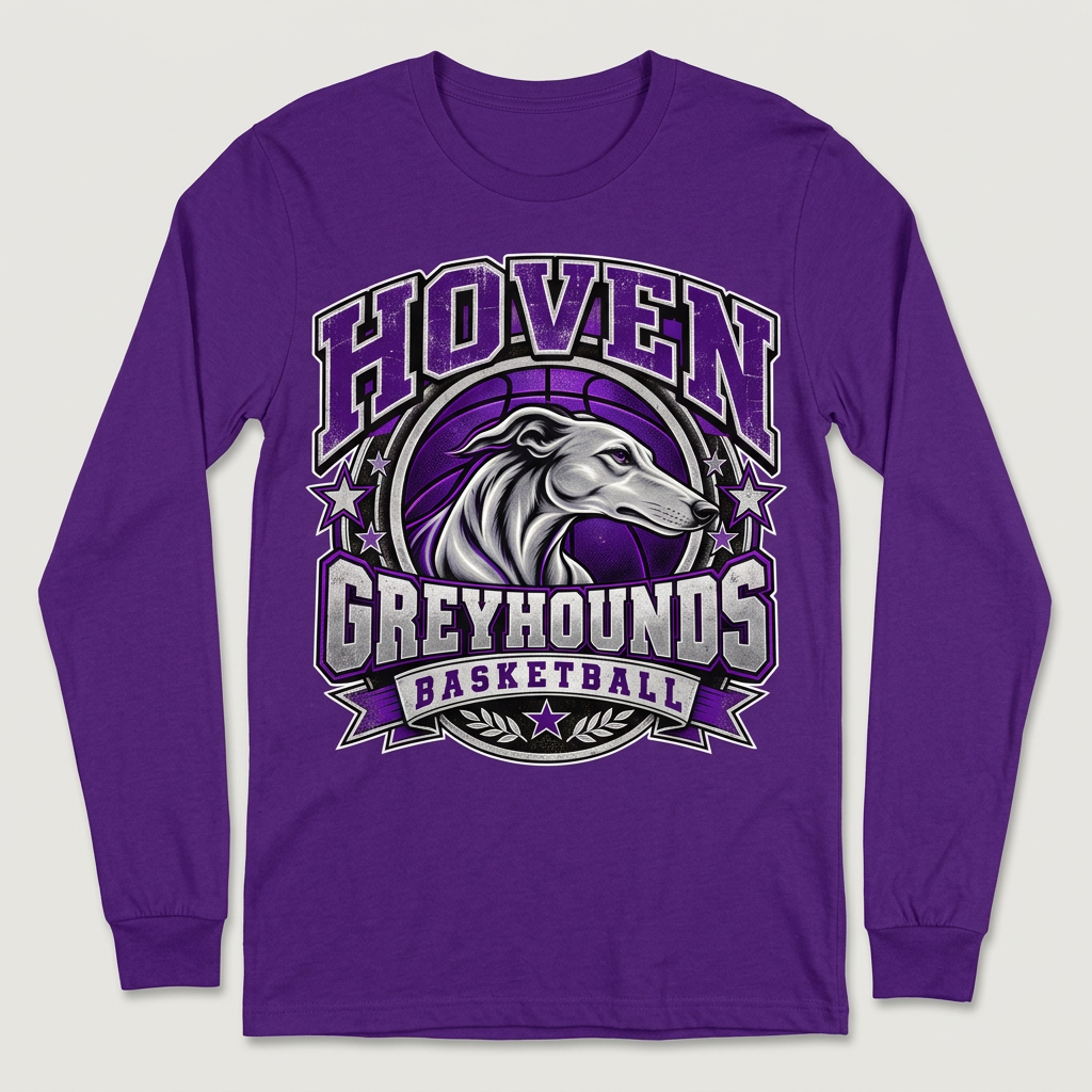 Solid purple Hoven Greyhounds Design 7 long-sleeve T-shirt with white-offset artwork