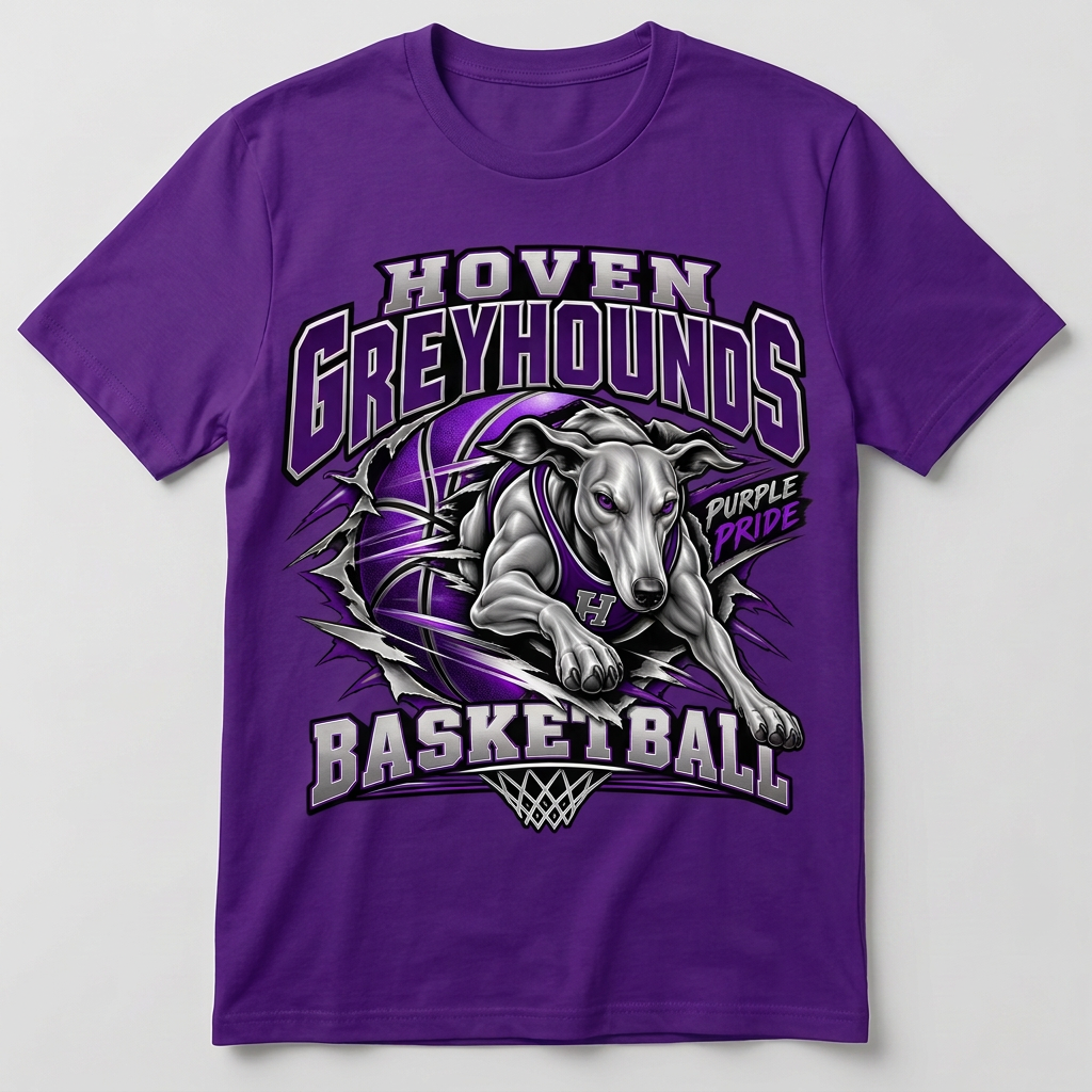 Flat-lay solid purple Hoven Greyhounds Purple Pride Basketball T-shirt