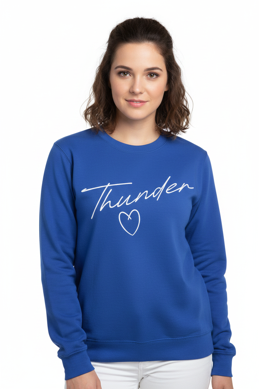 Women's royal blue crewneck sweatshirt with white Thunder cursive script and heart graphic