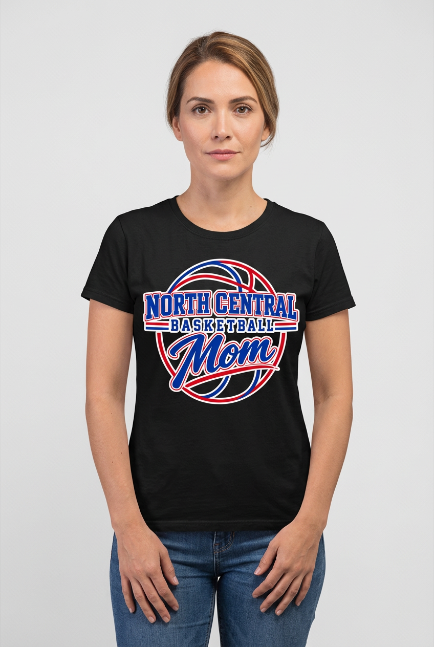 Female model wearing black North Central Basketball Mom T-shirt