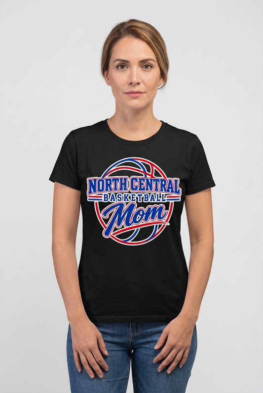 Female model wearing black North Central Basketball Mom T-shirt