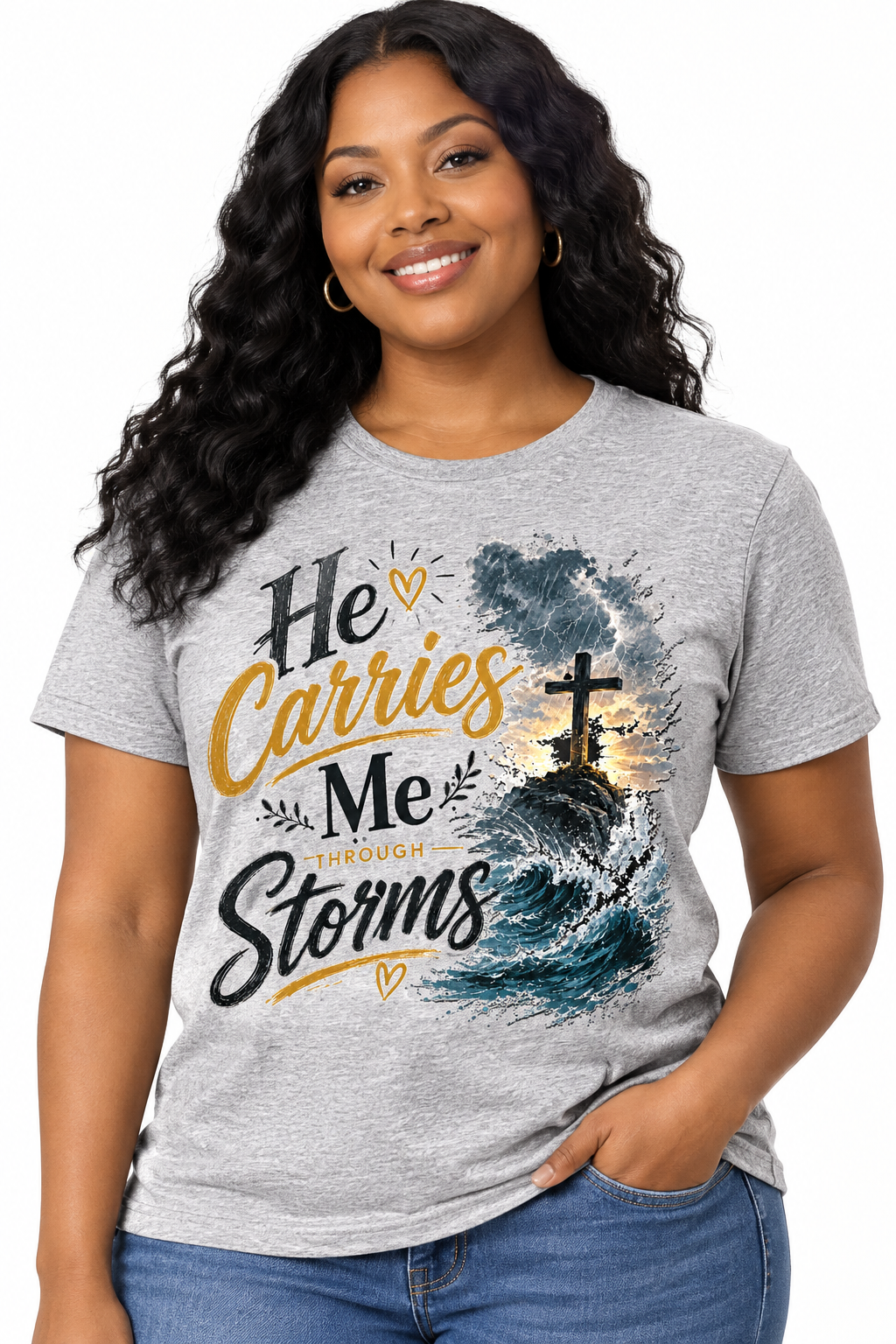 He Carries Me Through Storms - Sports Gray T-Shirt on female model
