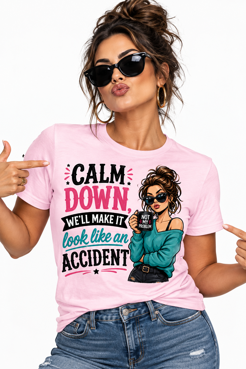 Calm Down - Light Pink T-Shirt on sassy female model