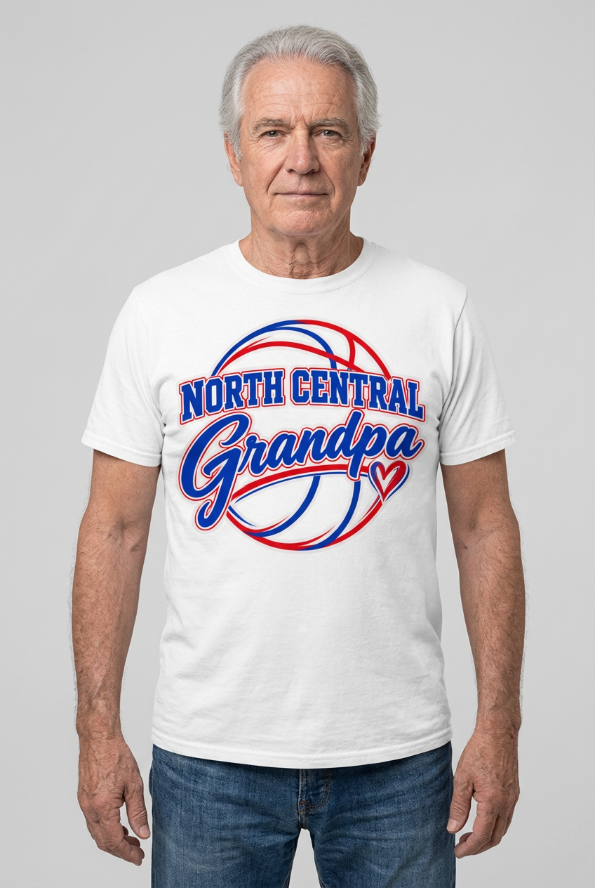 Older male model wearing white North Central Grandpa T-shirt